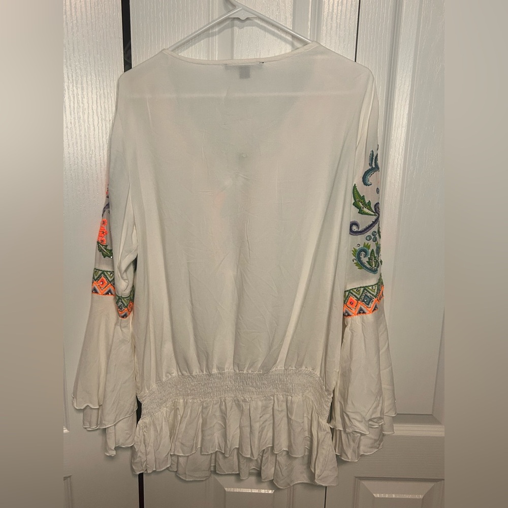 Boston Proper White Long Sleeve Blouse Orange Blue Jeweled Embroidery L NWOT - Picture 9 of 9